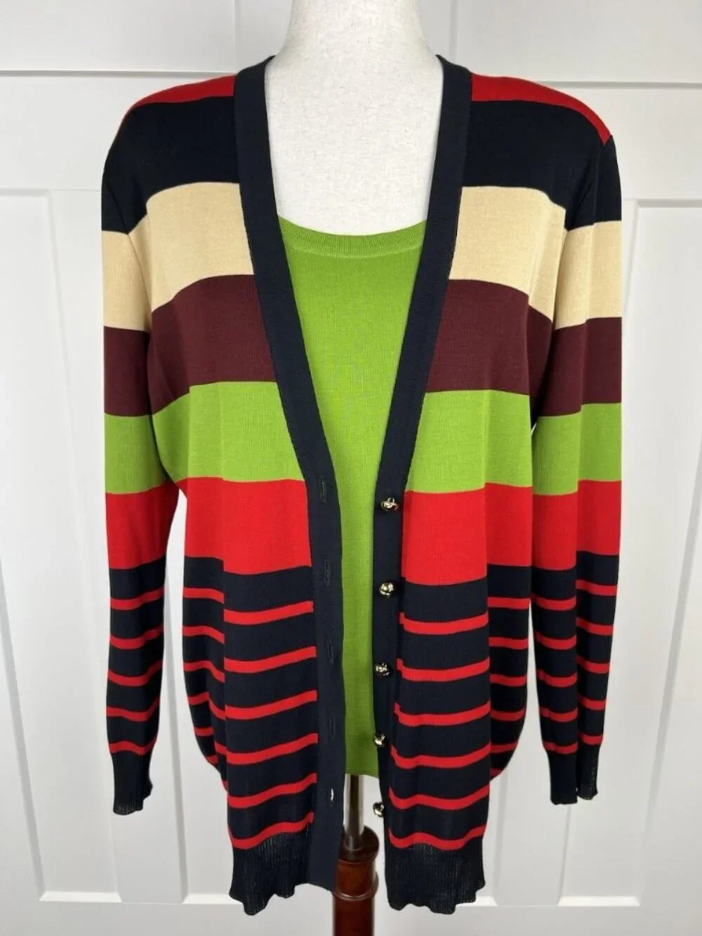 Misook Cardigan Tank Set Women's L Striped Colorblock Sweater Twinset